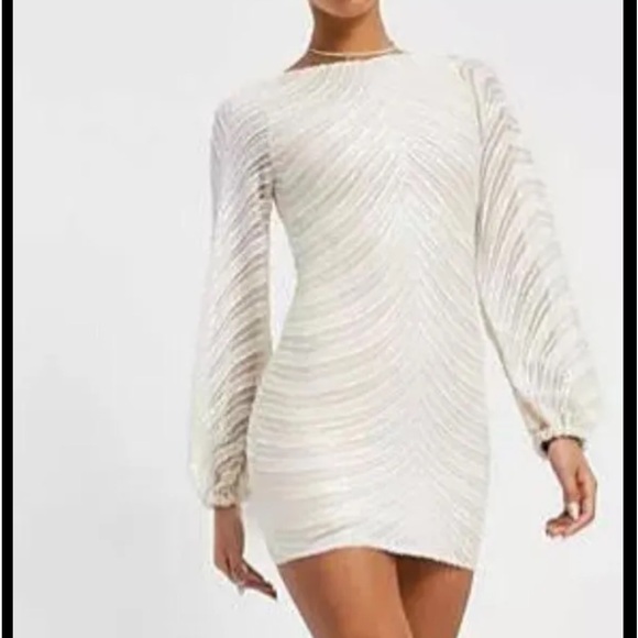 London Ivory Striped Sequin Gathered Sleeve Mini Dress - Picture 5 of 8